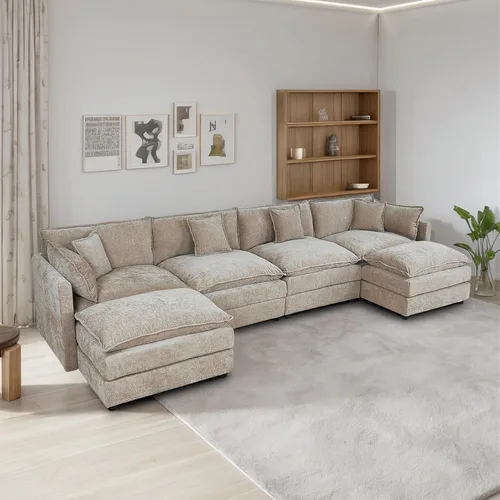 Miniatura 18 de Setawix Sofá Profundo de 3 Plazas con Otomana, Sofás de Nube en Forma de L de 112.2" para Sala de Estar, Sofá de Nube de Chenilla con Asiento Café