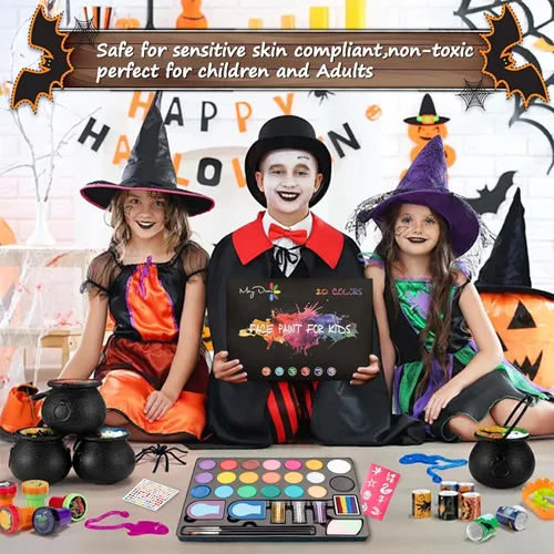 Miniatura 5 de Maydear Kit de pintura facial para niños, paleta de maquillaje a base de agua de 20 colores con plantillas, purpurina, pastel dividido de arcoíris