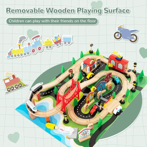 Miniatura 6 de Mesa de Tren INFANS, Juego de 80 Piezas de Madera para Niños con Juego de Actividad Reversible y Desmontable, Pistas, Tren, Ferrocarril, Ciudad