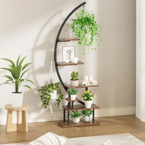 Miniatura 2 de GREENSTELL Soporte para plantas de interior con luces de crecimiento, soporte de metal alto de 7 niveles para plantas de interior, estante de Marrón
