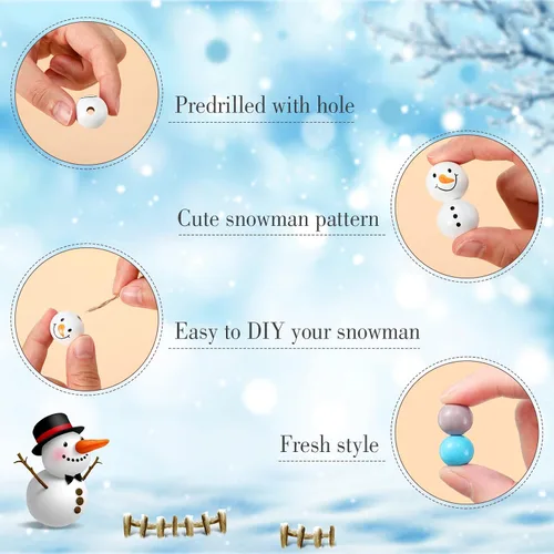 Miniatura 7 de 180 piezas de cuentas de madera de muñeco de nieve de Navidad con estampado de tartán de búfalo de Navidad, cuentas de madera redondas de invierno