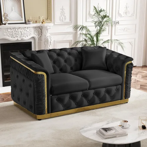 Miniatura 16 de Juego de 2 sofás Chesterfield de lujo, sofá victoriano copetudo negro y dorado, moderno de mediados de siglo, juego de sofás de 3 plazas para sala