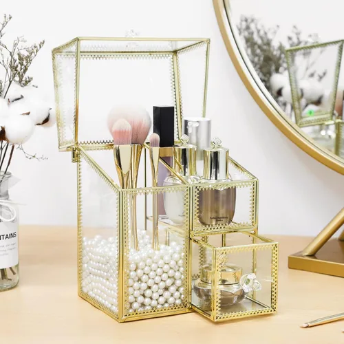 HKS Organizador de maquillaje vintage, soporte para brochas de vidrio dorado con tapa, almacenamiento a prueba de polvo, estuche de cosméticos con