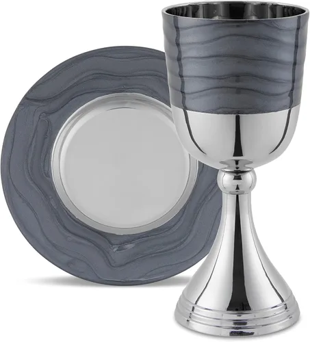 Lujoso juego de copas de Kidush en caja de regalo - Níquel pulido y esmaltado (gris oscuro) Elegante copa de vino de 5.75" pulgadas y bandeja a