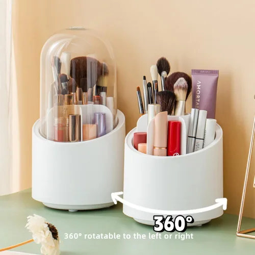 Miniatura 7 de Fantasee Organizador de brochas de maquillaje giratorio de 360°, almacenamiento de 7 compartimentos con cubierta transparente a prueba de polvo