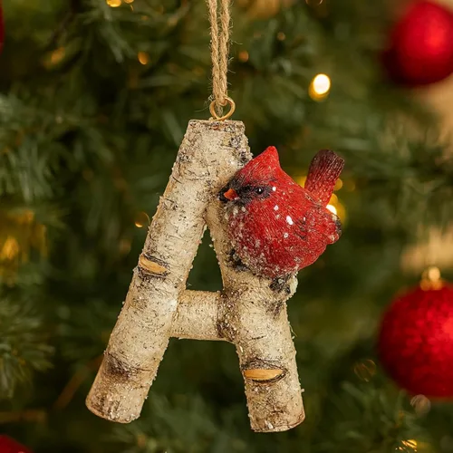 Miniatura 6 de Adorno de Navidad con letra inicial cardenal rústica, aspecto de madera de abedul, alfabeto colgante, decoración con monograma para árbol de Letra R