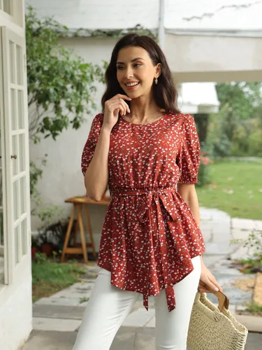 Miniatura 4 de MakeMeChic Camisa de maternidad floral de manga corta con cinturón para embarazo, blusa peplum