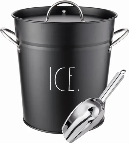 Rae Dunn Cubo de Hielo con Pala - Cubo de Acero Inoxidable con Asa, Tapa y Pala para Hielo - Contenedor de Almacenamiento de 4 Cuartos para Cubitos