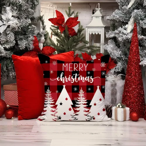 Miniatura 5 de Juego de 4 fundas de almohada decorativas de Navidad de 18 x 18 pulgadas, diseño de rayas rojas, Papá Noel, muñeco de nieve, copo de nieve, árbol