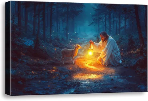 Miniatura 11 de Decoración de pared religiosa para sala de oración, arte de pared cristiano para decoraciones de Navidad, lienzo de Jesús y cordero, impresión