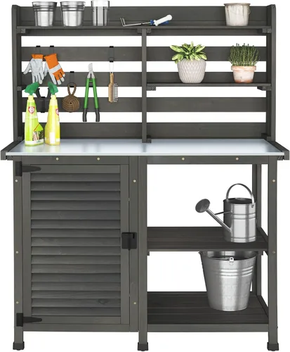 GDLF Mesa de banco para macetas, banco de trabajo grande para jardín, al aire libre, estación de trabajo de mesa de metal con estante de gabinete de