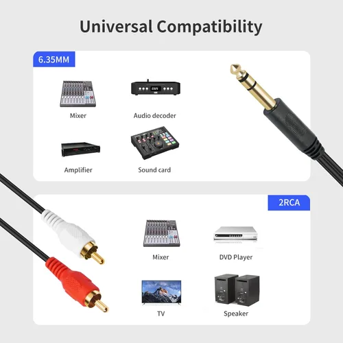 Miniatura 5 de Conector estéreo TRS macho chapado en oro de 0.250 in 1/4 pulgadas a 2 RCA Phono macho Audio Y Splitter Cable, conector de cable (4.9 ft)