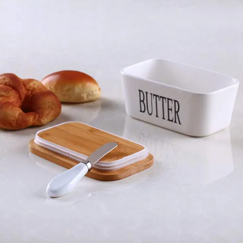 Miniatura 7 de Mantequillera de cerámica con tapa de madera, contenedor grande de mantequilla con esparcidor de cuchillo de acero inoxidable, cubierta de bambú