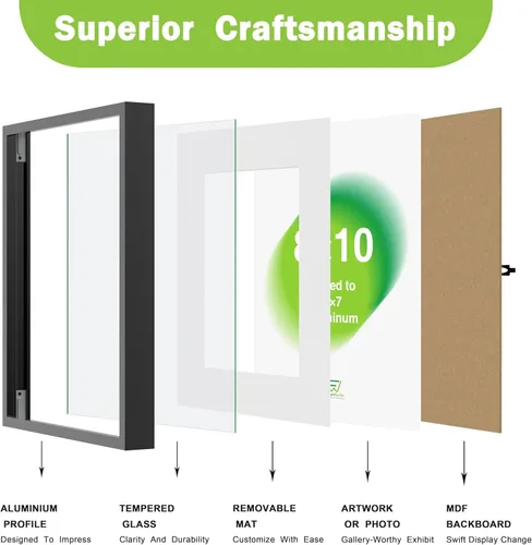 Miniatura 4 de Marco de fotos de 12" x 16" con paspartú para 8" x 12" de FrameWorks - Marco de aluminio con vidrio templado, paspartú removible para fotos, Negro