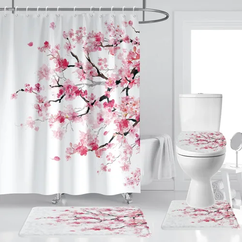 Miniatura 7 de 4 Pcs Pink Cherry Blossom Shower Curtain Set 60x72 Inch Black Floral Sakura Tree Gothic Style Japanese Anime Bathroom Decor with Non-Slip Rug Toilet
