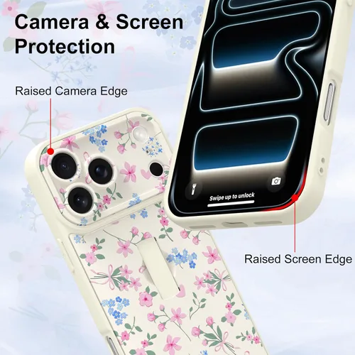 Miniatura 2 de Funda diseñada para iPhone 17 Pro Max con soporte plegable y correa para dedos, bonito patrón de lazo de corazón de flor rosa para mujeres y niñas