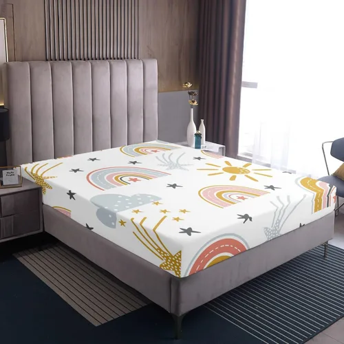 Miniatura 5 de Erosebridal Sábana bajera ajustable de arcoíris para niñas, diseño de sol y estrellas, tamaño matrimonial para niños y niños, juego de ropa de cama