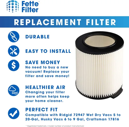 Miniatura 3 de Fette Filter - Filtro de repuesto VF4000 para aspiradora de 5 a 20 galones y más grande, compatible con aspiradoras Ridgid 72947 en seco húmedo de 5