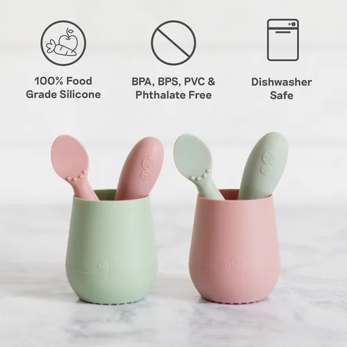 Miniatura 7 de ezpz Cuchara pequeña (paquete de 2 en azul) – Más de 6 meses – Cuchara 100% de silicona para el destete LED del bebé + purés – Diseñada por un