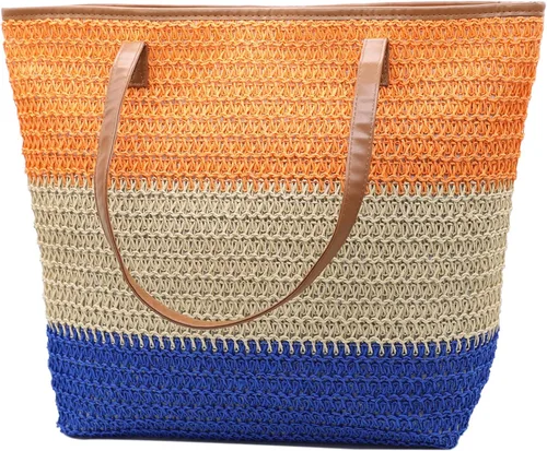 Miniatura 109 de Bolso grande de paja para mujer, tejido de ratán, bolso de playa de verano, a rayas