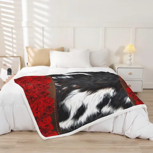 Miniatura 2 de Manfei Manta de piel de vaca, manta de cama de flores de rosa roja para decoración de habitación de niños y niñas, manta abstracta de piel animal