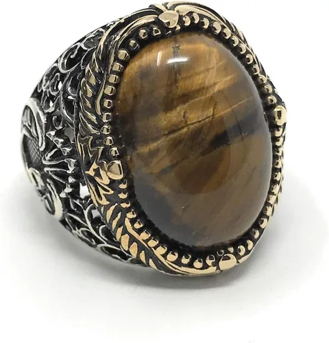 Miniatura 6 de KAR Anillo de ojo de tigre natural para hombre de plata de ley 925K estampado I1B