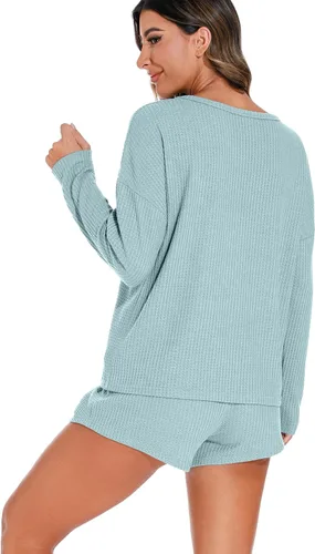 Miniatura 6 de PrinStory Conjunto de pijama para mujer, conjunto de 2 piezas de punto gofre, conjunto de ropa de descanso con bolsillos