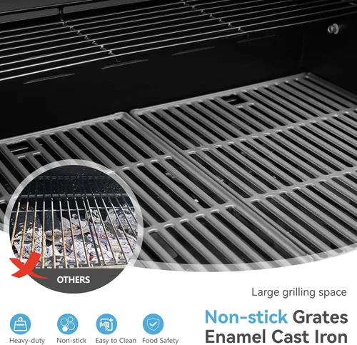 Miniatura 6 de GREEN PARTY - Parrilla de gas para barbacoa de 4 quemadores con propano, quemador lateral y rejillas de hierro fundido esmaltadas en porcelana, área