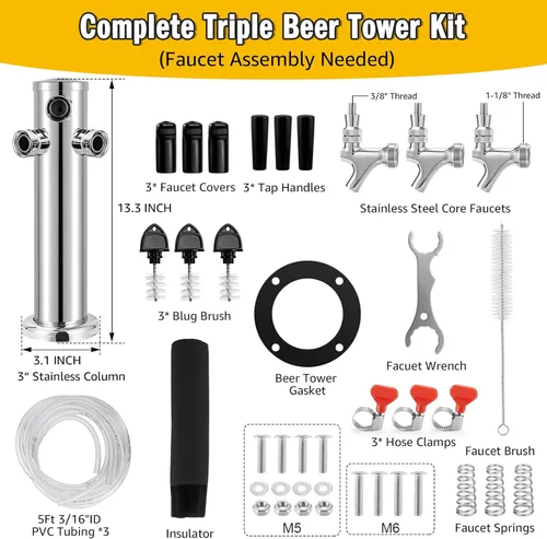 Torre de cerveza de 3 grifos de núcleo inoxidable grifo de cerveza Kegerator Tower Draft Beer Tap Tower Dispensador de torre de grifo Kegerator