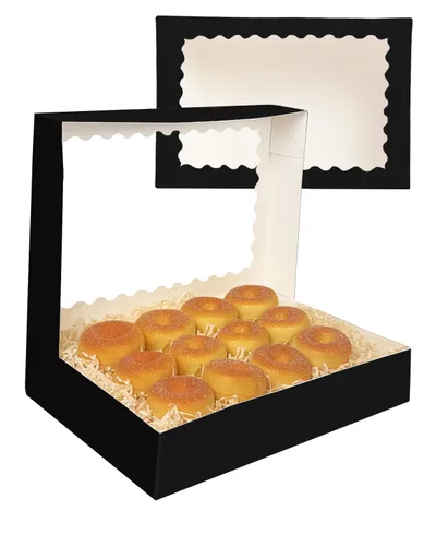 Miniatura 3 de qiqee Caja de galletas negra autodesplegable con ventana, 24 unidades, 14 x 10 x 2.5 pulgadas, caja de pastelería para pastelería y macarrones