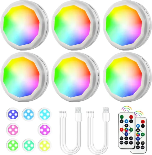 Miniatura 10 de Luces de disco recargables para debajo del gabinete, paquete de 6 luces LED de armario con control remoto, 16 colores, carga USB, luces nocturnas