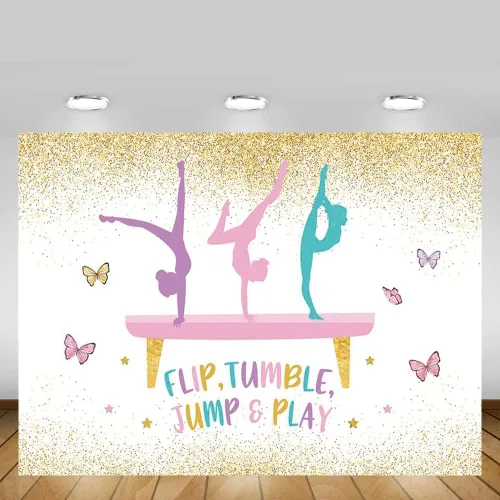 Miniatura 5 de MEHOFOND Telón de fondo de gimnasia de cumpleaños para niñas, gimnastas, volteador, saltar y jugar, suministros de decoración de fiesta, fondo