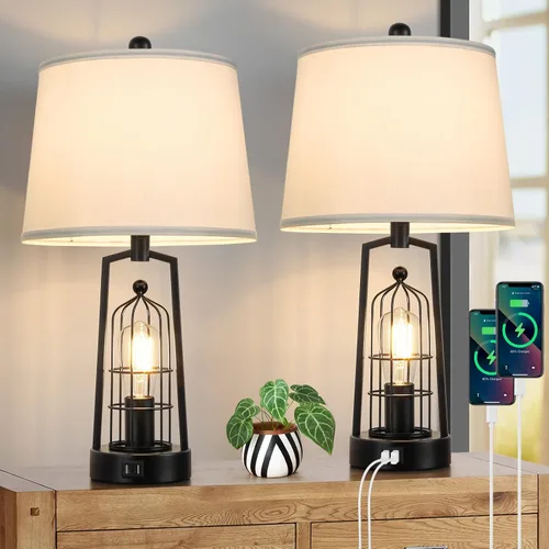 Miniatura 9 de Lámparas de mesa de granja con 2 puertos USB, juego de 2 lámparas de escritorio industriales rústicas para sala de estar, lámpara de noche negra