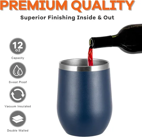 Miniatura 3 de COMOOO Paquete de 16 vasos de vino de acero inoxidable con tapa y pajita, 12 onzas, doble pared aislada al vacío, sin tallo para bebidas calientes