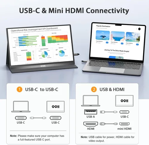 Miniatura 6 de QQH Monitor portátil, pantalla de viaje de aleación USB C HDMI de 15.6 pulgadas FHD 1080P para computadora portátil con cubierta inteligente y Gris