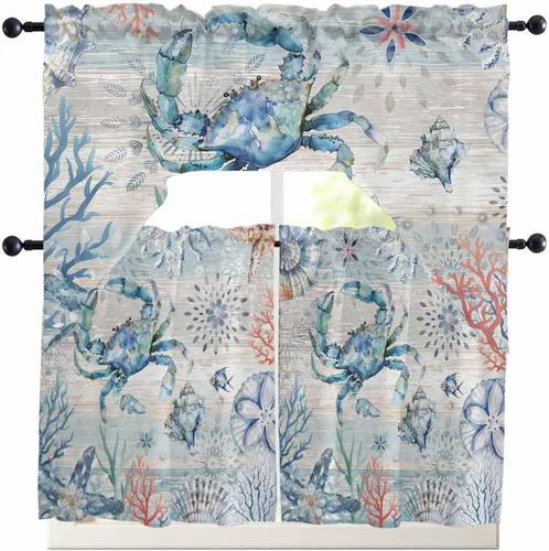 Miniatura 13 de Cortinas de cocina con cenefa de cangrejo oceánico, cenefa con bolsillo para barra, paneles de cortina para dormitorio, sala de estar, baño