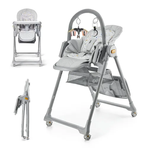 Kinderkraft LASTREE Silla Alta Plegable para Bebés y Niños Pequeños con Función Reclinable, Barra de Juegos, Bandeja Ajustable y Reposapiés en Gris