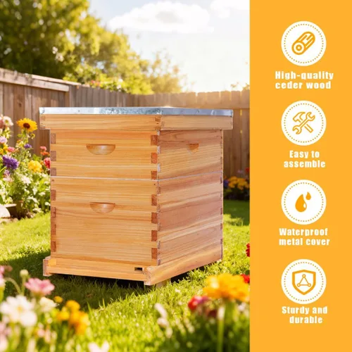 Miniatura 4 de POLLIBEE Las colmenas de abeja Langstroth con revestimiento de cera de abeja de 8 marcos incluyen 1 caja profunda y 1 caja mediana para abejas