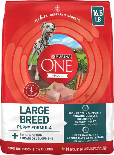 Purina ONE - Alimento para cachorros de raza grande en seco, fórmula +Plus de raza grande, bolsa de 16.5 libras