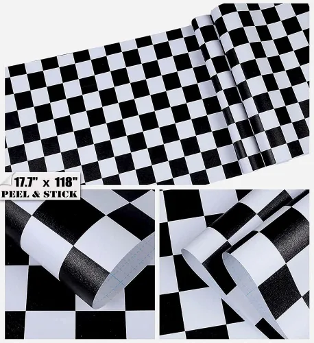 Miniatura 2 de 1339 Papel tapiz de mosaico blanco y negro para despegar y pegar, 17.7 x 118 pulgadas, papel de contacto autoadhesivo extraíble para armarios