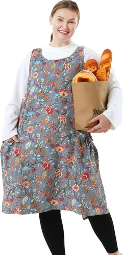 Miniatura 25 de Delantales grandes de talla grande para mujer con bolsillos de algodón y lino para hornear cocina