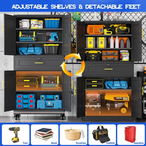 Miniatura 4 de GAIOUS Armario de almacenamiento de garaje de metal de 71 pulgadas de alto con ruedas y cajón, archivador de acero para oficina en casa, gabinete