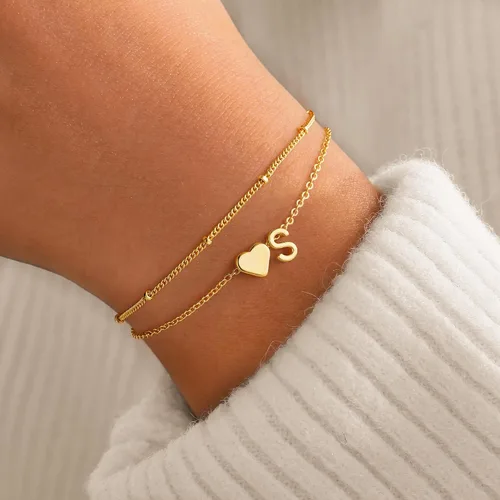 Miniatura 2 de M MOOHAM Pulseras de oro con inicial de corazón para mujer, pulseras con dije de letra A-Z de corazón dorado en capas para mujer, pulseras