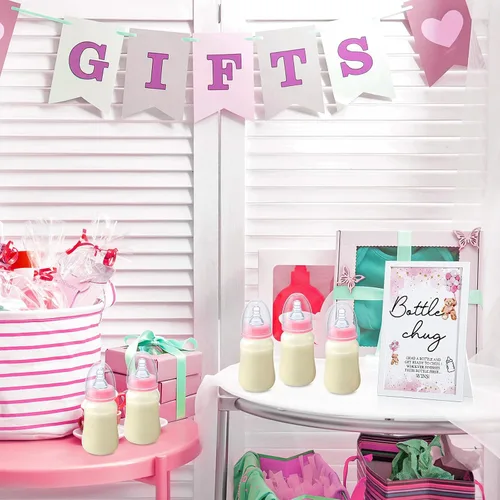 Miniatura 6 de Roowest Bottle Chug Baby Shower Games Favores que incluyen 18 botellas con 1 botella de chug de madera para revelación de género, suministros de Rosa