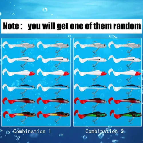 Miniatura 3 de Skylety 24 señuelos de pesca, señuelos de plástico suave para lubina, cabeza de jig, Swimbait, kit de aparejos de plástico suave realista para agua