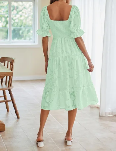 Miniatura 2 de MEROKEETY Vestido midi escalonado de verano para mujer, manga corta abombada, cuello cuadrado, floral, texturizado, escalonado