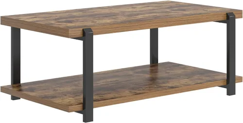 Miniatura 9 de FOLUBAN Mesa de centro moderna, mesa central de madera rústica con almacenamiento para sala de estar, rectangular industrial de 2 niveles, mesa