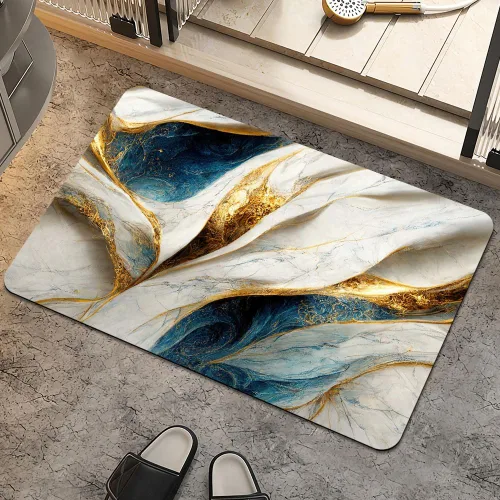 Alfombra de baño, diseño abstracto de mármol azul y dorado, antideslizante, de secado rápido, súper absorbente, delgada, para debajo de la puerta,