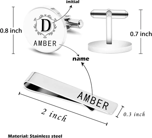 Miniatura 2 de ROSI - Juego de gemelos personalizados de acero inoxidable con inicial y clip de corbata para hombres, bodas, negocios, grabado, gemelos, regalos