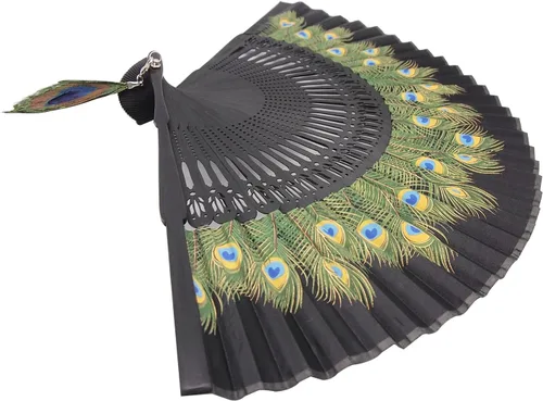 Miniatura 3 de Innolife Pavo real chino/japonés mano plegable ventilador bambú tallado marco seda artesanía ventilador (negro)